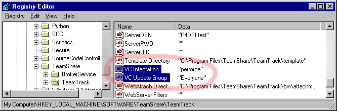 Screen shot of TeamTrack registry keys in the Windows Registry Editor