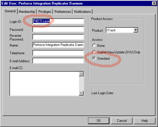 Screen shot
showing the general tab for creating a new user in TeamTrack
Administrator