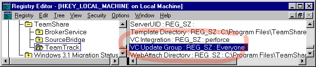 Screen shot of
TeamTrack registry keys in the Windows Registry Editor