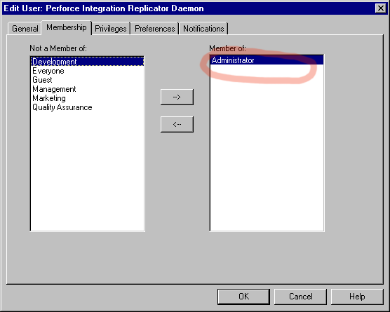 Screen shot showing the membership tab for creating a new user in TeamTrack Administrator