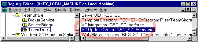 Screen shot of TeamTrack registry keys in the Windows Registry Editor