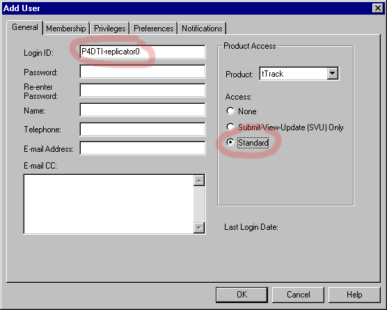 Screen shot showing the general tab for creating a new user in TeamTrack Administrator
