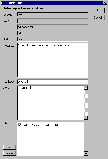 A screenshot of the full submit dialog from the Perforce MSVC plug-in