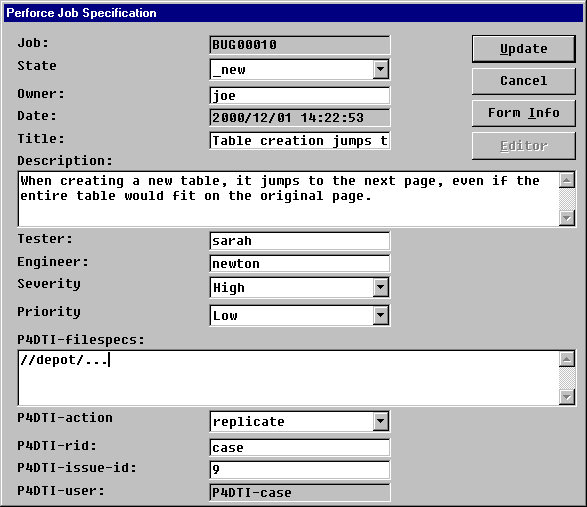 A screenshot of the job editing dialog in the Perforce Windows GUI
