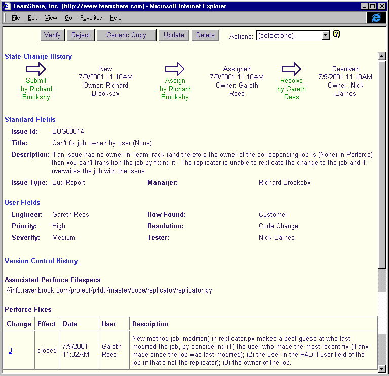 A screenshot of the Version Control section of a case in the TeamTrack GUI
