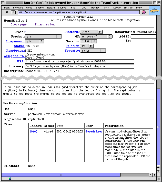 A screenshot of the Perforce replication section of a bug in Bugzilla