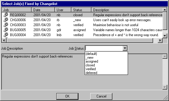 A screenshot of the Add Job Fix dialog in the Perforce Windows GUI