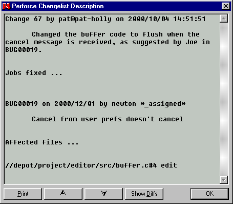 A screenshot of the changelist description dialog in the Perforce Windows GUI