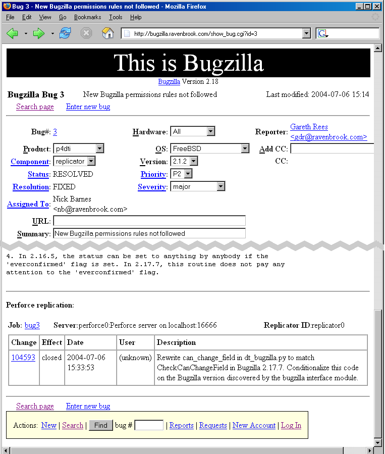 A screenshot of the Perforce replication section of a bug in Bugzilla