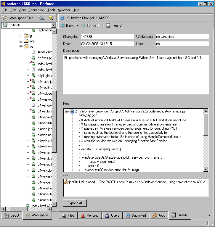 Screenshot showing details of a changelist in P4V