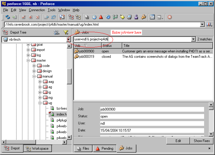 A screenshot of the Jobs pane in the Perforce Visual Client (P4V)
