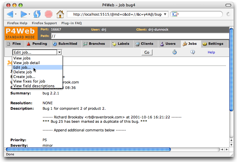 A screenshot of the job page, about
to edit a job, in the Perforce Web GUI