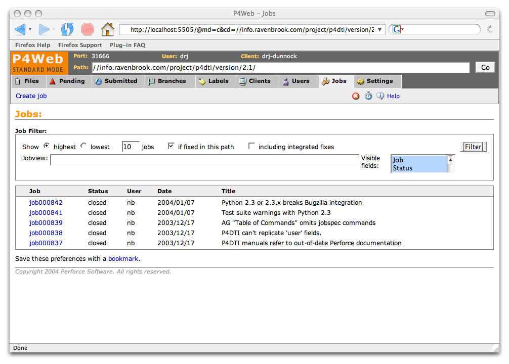 A screenshot showing job filtering in the Perforce Web GUI
