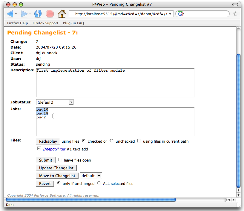 A screenshot of the submit dialog from the Perforce Web GUI