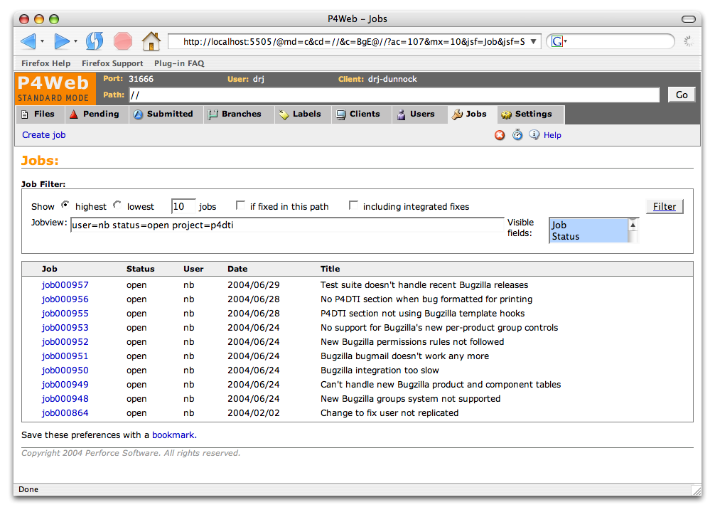 A screenshot of the Jobs page in the
Perforce Web GUI