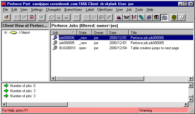 A screenshot of the Jobs pane in the Perforce Windows GUI