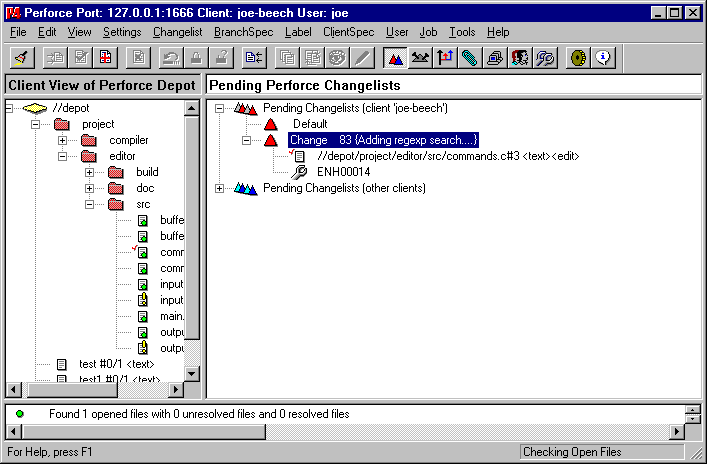 A screenshot of the pending changelist pane in the Perforce Windows GUI