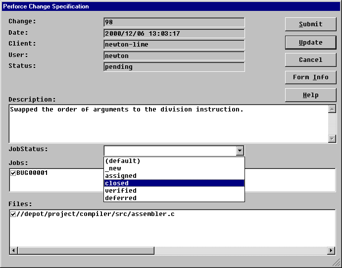 A screenshot of the submit dialog from the Perforce Windows GUI
