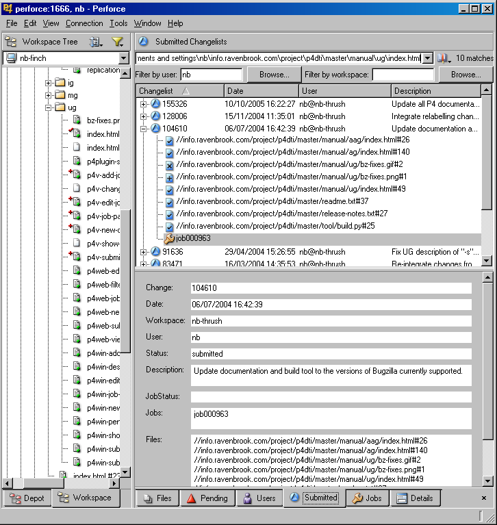 A P4V screenshot showing a changelist with jobs
