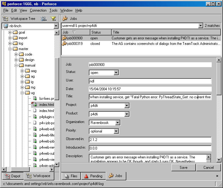 A screenshot of job editing in the Perforce Visual Client (P4V)
