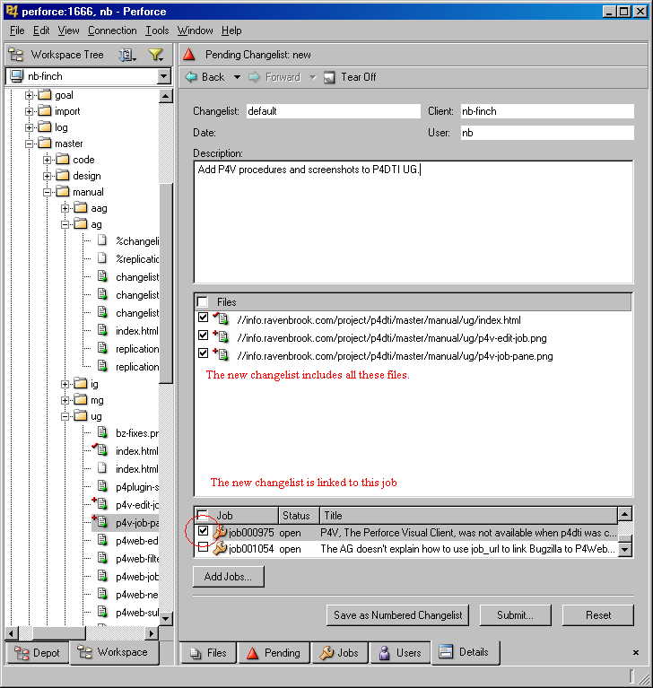 Screenshot showing the changelist creation in the Perforce Visual Client (P4V)