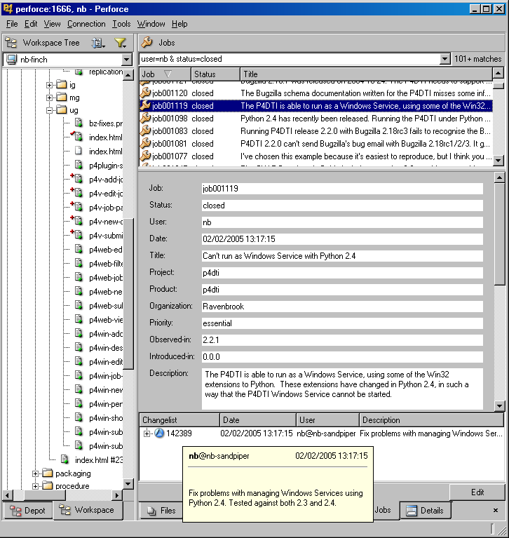 Screenshot showing the fixes for a job in P4V
