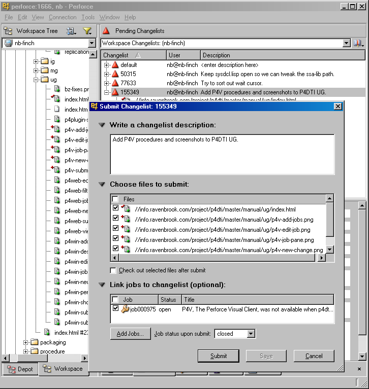 A screenshot of the submit
dialog from the Perforce Visual Client (P4V)