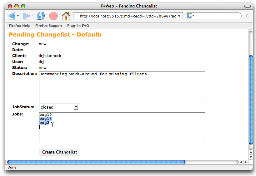 Screenshot showing a new changelist
in the Perforce Web GUI